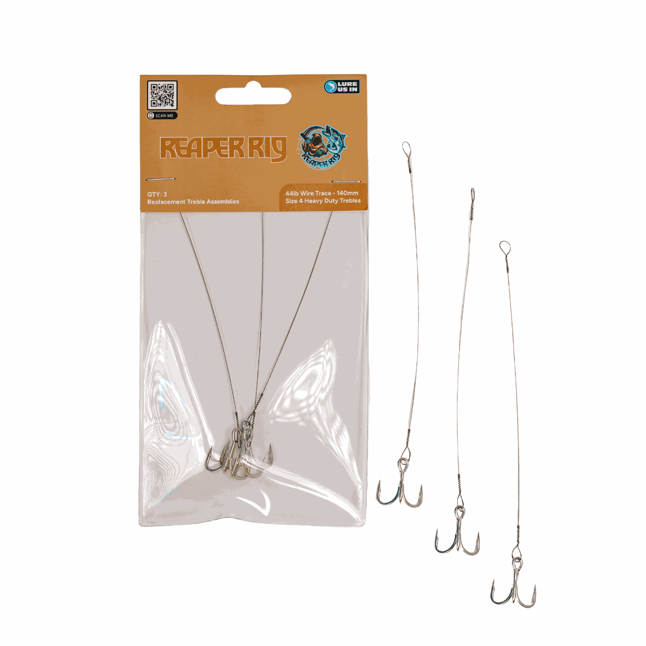44lb 140mm treble hook assemblies pack of 3 for longer bait.