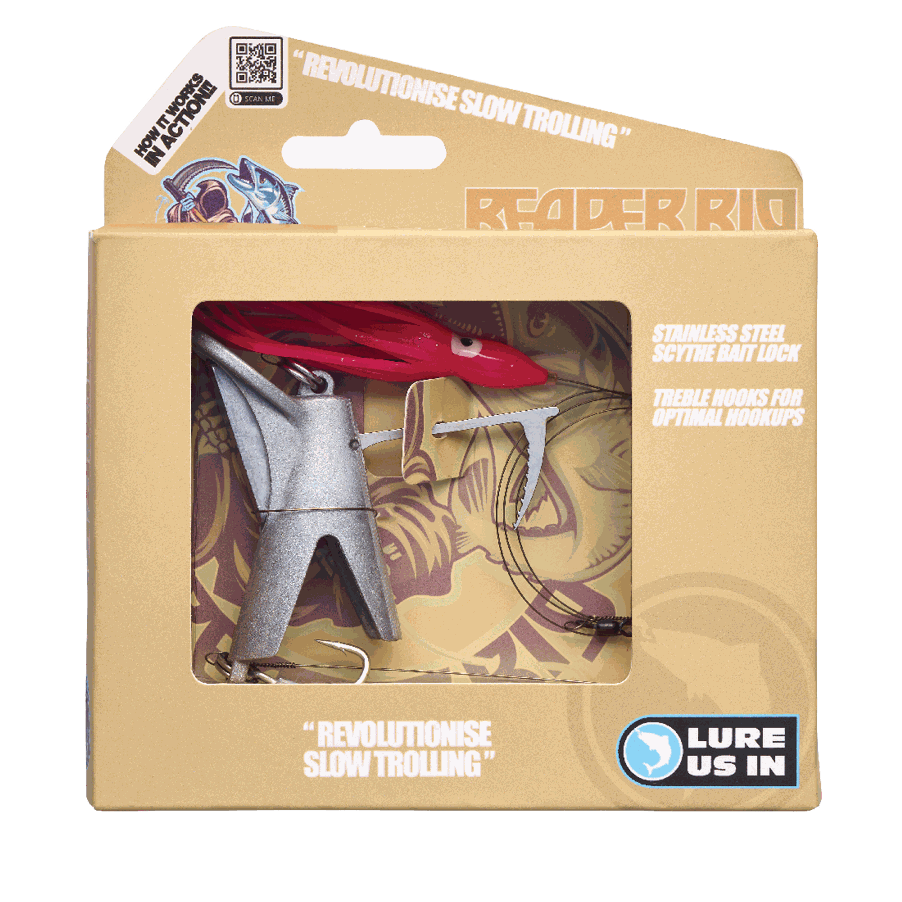 Reaper Rig fishing lure packaging showcasing stainless steel scythe bait lock and treble hooks.