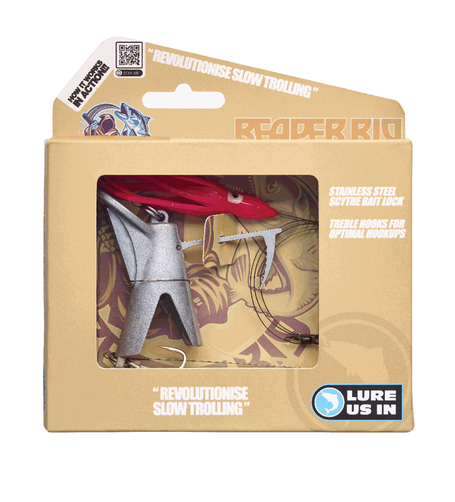 Reaper Rig fishing lure packaging showcasing stainless steel scythe bait lock and treble hooks.