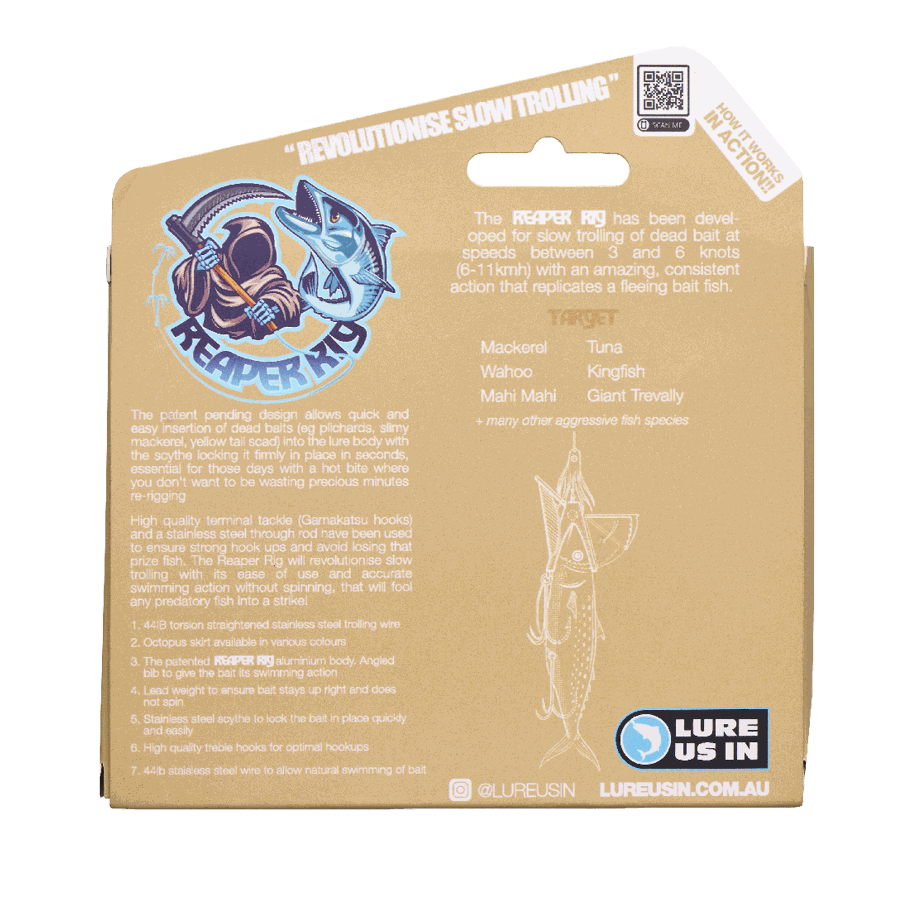 Reaper Rig packaging showcasing innovative fishing lure design for trolling and pelagic species.
