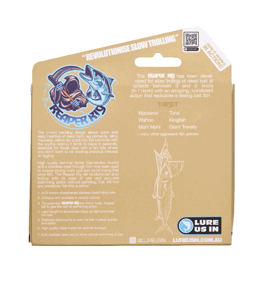Reaper Rig packaging showcasing innovative fishing lure design for trolling and pelagic species.