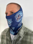 Blue Reaper Rig Neck Gaiter with logo design worn by person.