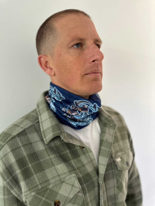 Man wearing a Reaper Rig Neck Gaiter with brand logo.