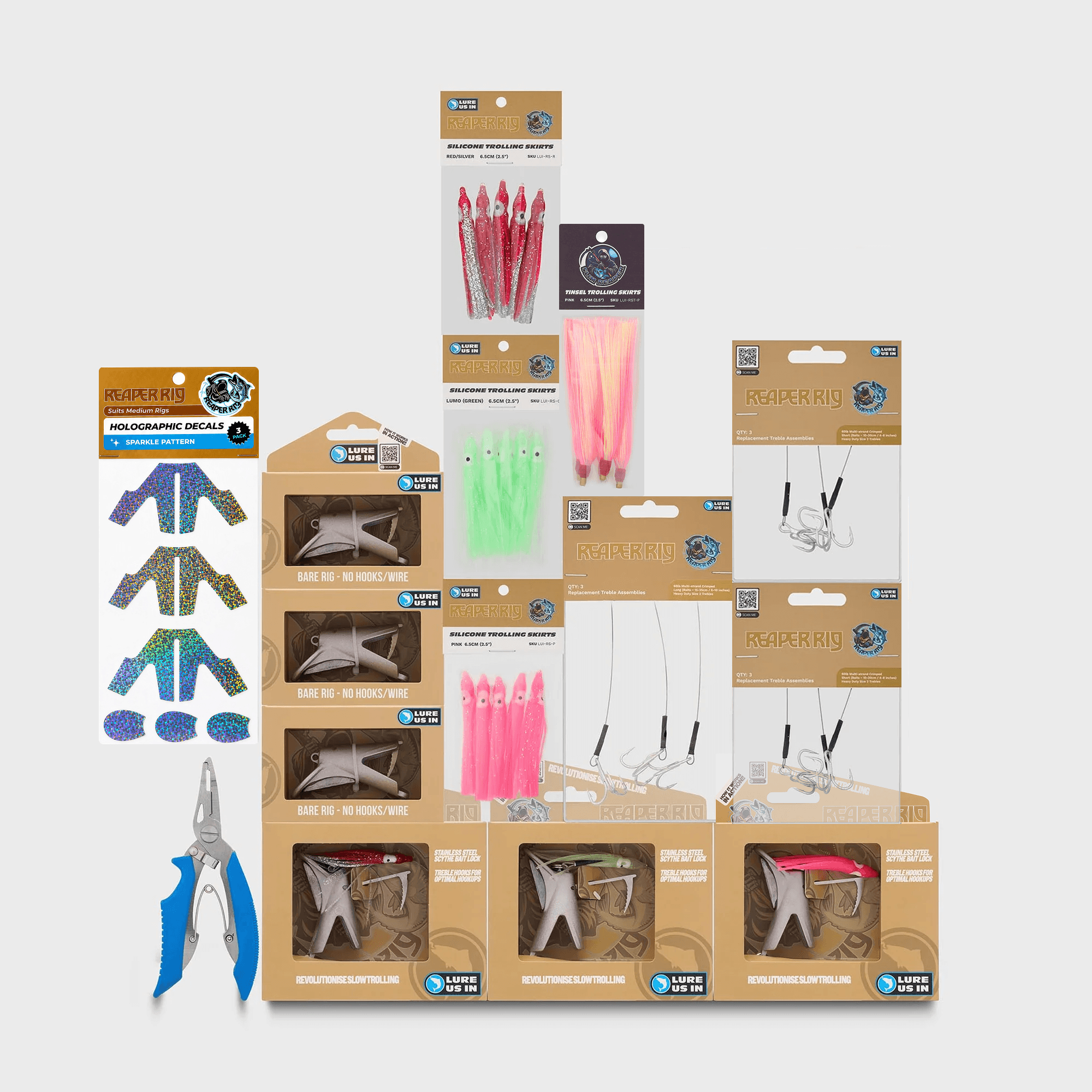 Pro Trolling Bundle of Medium Reaper Rig trolling lures with skirts and treble hook assemblies